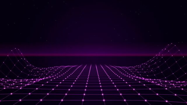 Neon Purple Glowing Digital Mesh Landscape Background Featuring Futuristic 3D Wireframe Motion Graphi