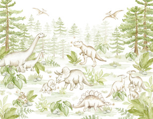 Fototapeta premium Watercolor Dinosaur Family Scene in Prehistoric Forest