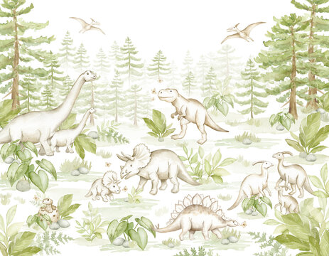 Watercolor Dinosaur Family Scene in Prehistoric Forest