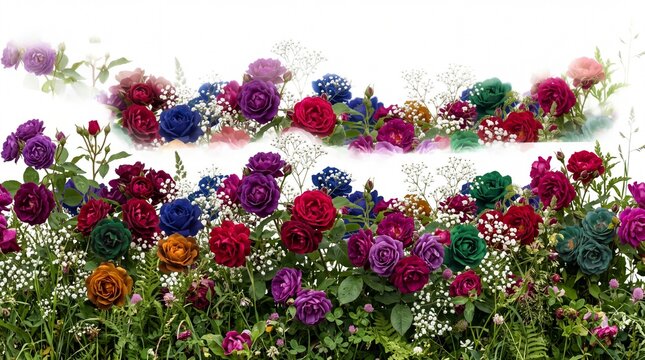 Colorful wild rose flower garden border with green leaves