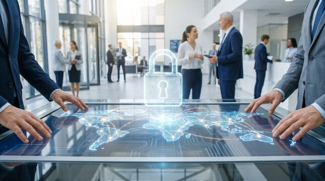Cadeado digital brilhante sobre mapa mundi interconectado em ambiente corporativo