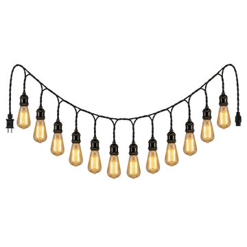 String of glowing vintage light bulbs on a black wire