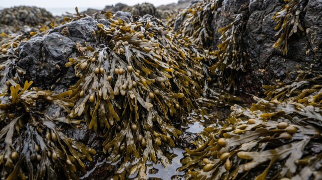 Fucus vesiculosus seaweed growing densely across coastal rocks exposed during low tide, detailed fronds, wet textures, natural marine environment