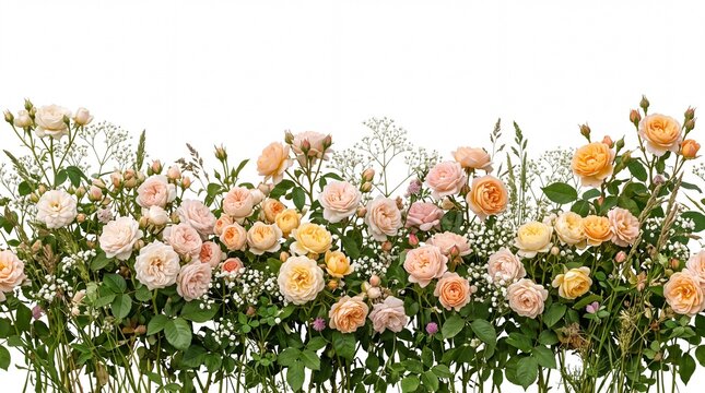 Beautiful blooming orange rose flowers in a garden border