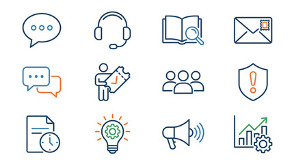 Fototapeta premium Creative Set of Twelve Minimalist Blue and Orange Icons Representing Customer Support Research Communication Security Innovation and Analytics