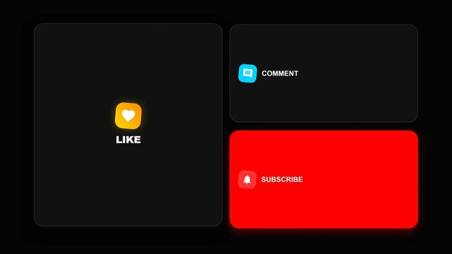 Bento box UI layout animation with glowing heart like icon and social media CTA on dark background
