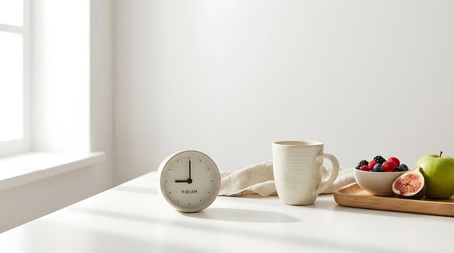 Minimalist morning setting showing a clock at 9am with healthy breakfast fruits and coffee cup