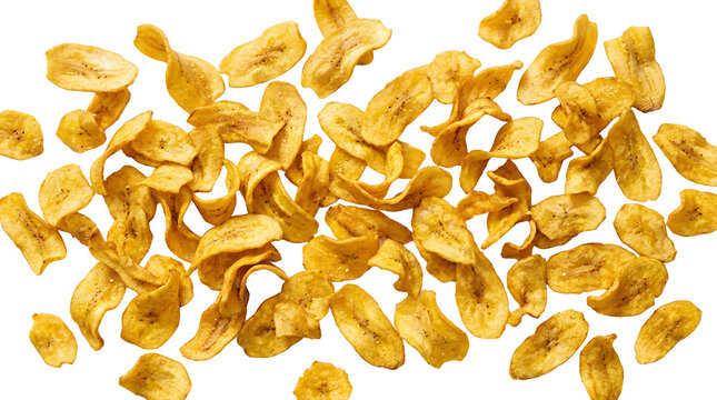 Crispy banana chips scattered on white background, golden fried plantain slices, healthy organic fruit snack pieces for food packaging design