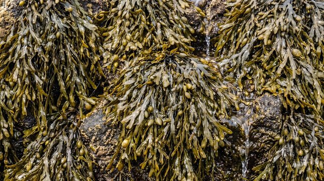 Fucus vesiculosus seaweed growing densely across coastal rocks exposed during low tide, detailed fronds, wet textures, natural marine environment