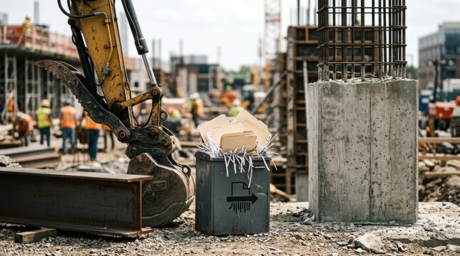 Steel beam and excavator arm beside permit folders and shredded paperwork symbolizing faster infrastructure delivery