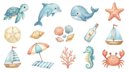 Obraz premium Coastal summer treasures, sea animals and beach style. Collection of Vector illustrations for invitation, card, poster, banner, decoration