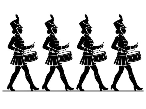 Marching band drummer silhouette, female percussionist parade line vector, black and white musical performance group, drum corps musicians