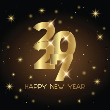 Gold 2027 Happy New Year Stacked Numbers with Sparkles