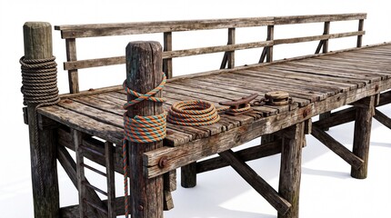 Naklejka premium Wooden pier bridge with rope and lifebuoy on the deck