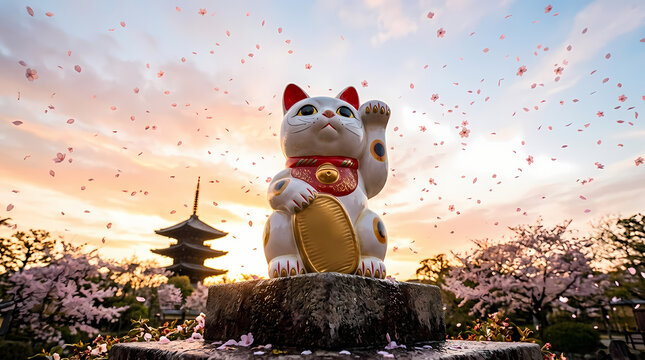 Lucky Cat Maneki Neko Statue with Cherry Blossoms at Sunset