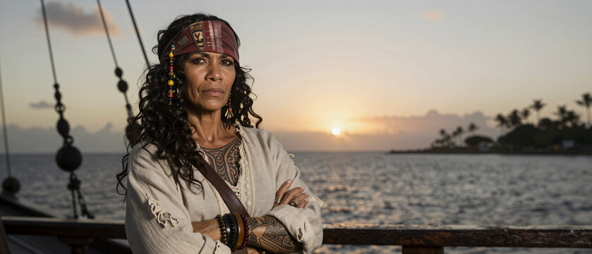 Polynesian Female Quartermaster on Ship Deck at Sunset