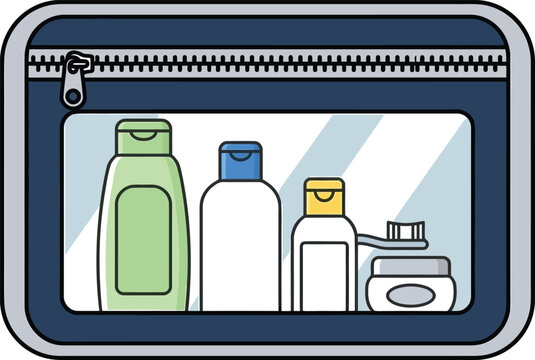 Clear travel toiletry bag with shampoo bottles and toothbrush isolated on a transparent background