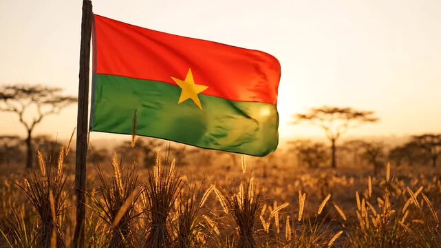 Burkina faso flag waving at sunset in a savanna landscape
