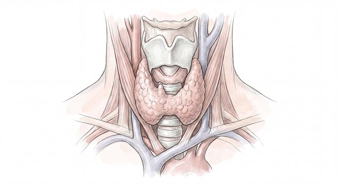 Anatomical Illustration of Human Thyroid Gland and Neck Structures