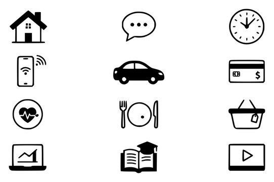 Minimalist vector illustration of twelve diverse icons arr set with simple line art design featuring line art, illustrations, graphic resources with vector and design elements