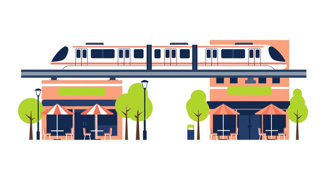 Modern Monorail Train on Elevated Track over City Street with Cafes and Shops Flat Vector Illustration