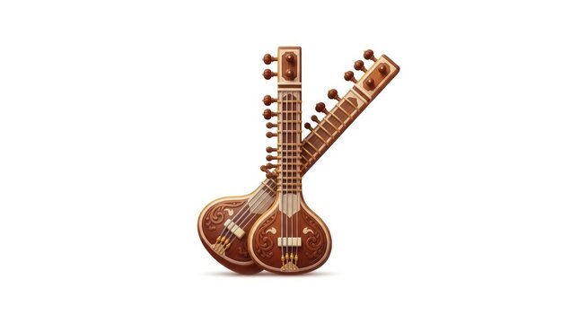 Two traditional indian sitar instruments crossed on white