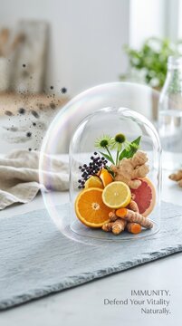 Immunity, microscopic defense mechanism, naturally protects diverse assortment vibrant citrus fruit, root vegetable, herbal plant blossom under clear glass dome, resisting harmful pathogen attack.