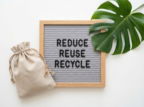Reduce reuse recycle sign with a reusable bag and a monstera leaf