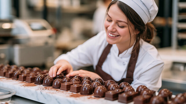 A smiling pastry cook presses dark chocolate bonbons into a row of molds on national chocolate day, specialty chocolatier workshop, marble countertop with cocoa powder dusting,