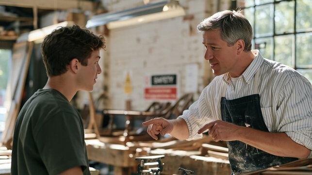 A young apprentice shadows a master furniture restorer in a weathered workshop, safety signage mounted on a brick wall behind them, worn timber workbenches cluttered with antique