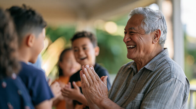 Energetic Samoan grandfather leads grandchildren in a clapping game on a breezy outdoor veranda, children mimicking his rhythm with intense concentration turning to laughter,