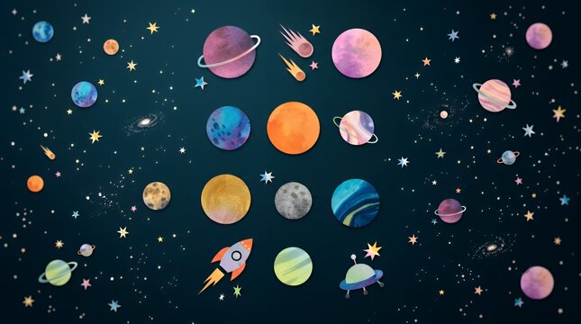 Seamless pattern of watercolor planets stars spaceship and ufo in deep dark space