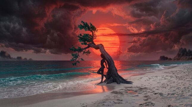 Silhouette of woman standing by bent tree on tropical beach under dramatic red sunset