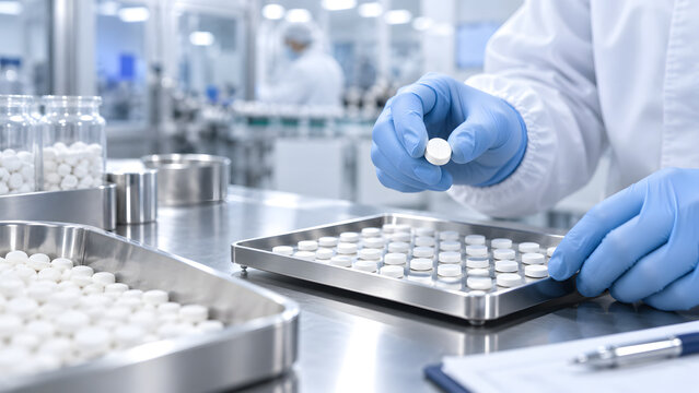 Closeup Tablet Inspection in Pharmaceutical Laboratory