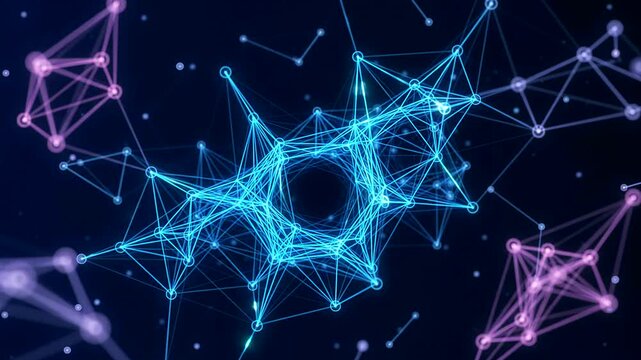 Blue glowing digital neural network animation with pulsing nodes and c