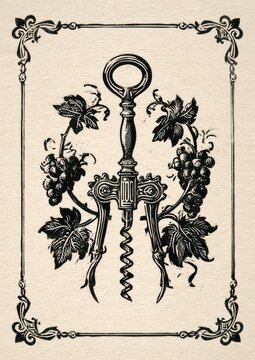 Ornate vintage corkscrew framed by grape leaves in a playing card design, linocut on textured off white paper with decorative borders