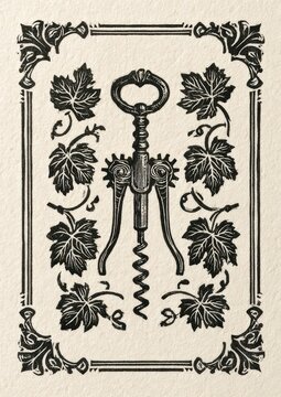 Ornate vintage corkscrew surrounded by grape leaves in a linocut print on textured ivory parchment
