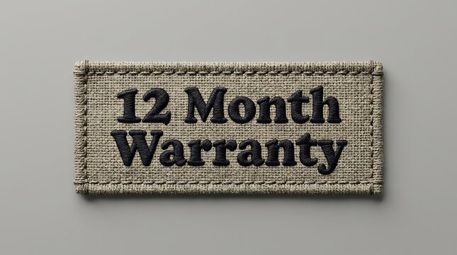A woven patch showing a 12 month warranty label with black embroidered text on a gray background surface