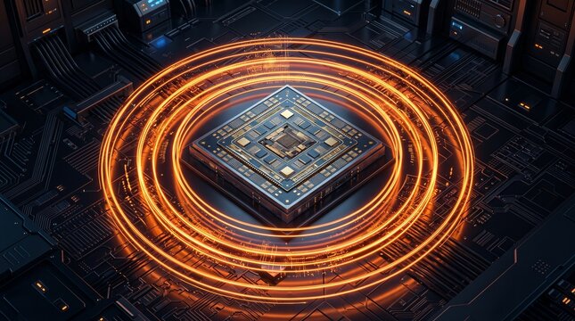 Computer processor chip with glowing golden light rings in a high tech server room for futuristic hardware technology and data security