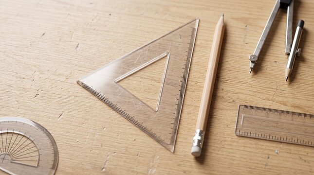 Set of Drawing and Geometry Tools Including Triangle Ruler Pencil and Compass on a Wooden Surface