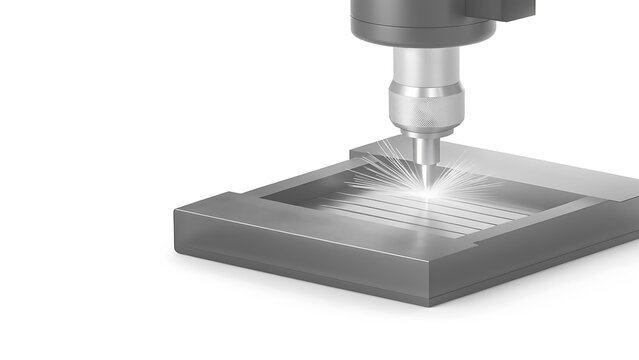Laser engraver carves precise lines onto a flat metal plate surface.