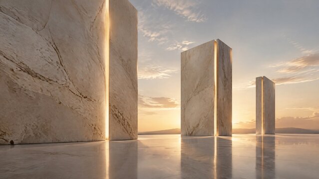 Large golden monoliths standing in a reflective water surface at sunset