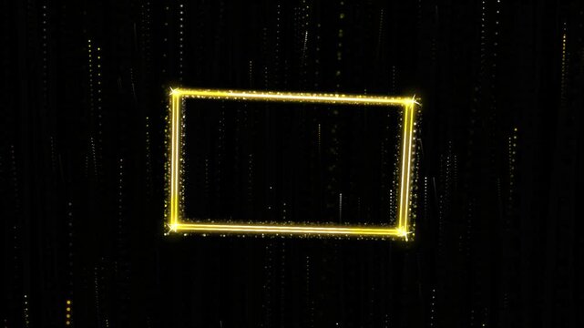 Golden glittering rectangular frame with falling particles background, for presentations and, luxury motion