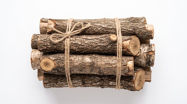 Bundle of natural wood logs tied with rough twine for rustic decoration or fuel PNG Isolated on transparent background