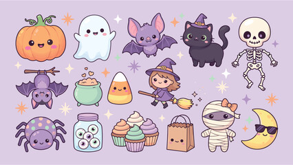 Obraz premium Halloween Kawaii Characters Vector Pumpkin Ghost Cat Skeleton Cute Sticker