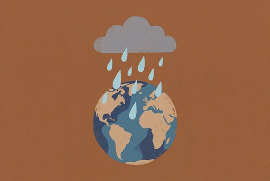 Minimalist illustration of Earth with rain from a gray cloud