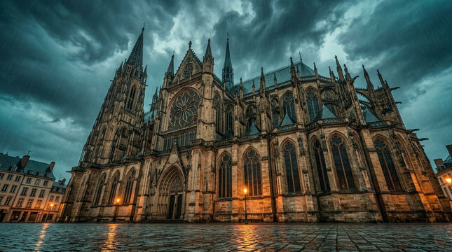 Gothic Cathedral featuring a rainy sky in teal and orange