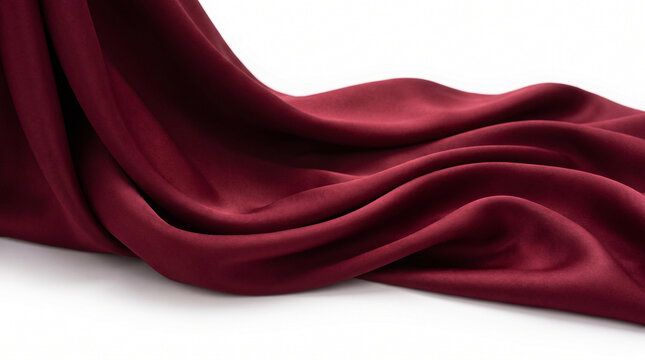 Deep burgundy red satin fabric flowing waves on white