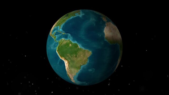Realistic 3D satellite map of earth rotating in dark space