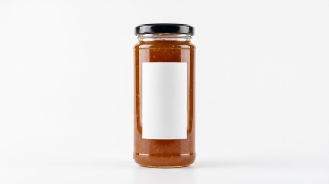 Tall glass jar with orange jam or honey mockup and blank white label
